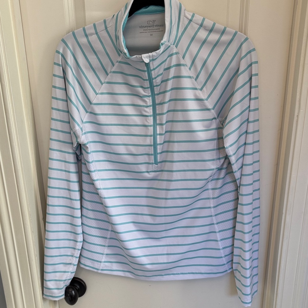 Vineyard Vines Aqua and White Striped Pullover
